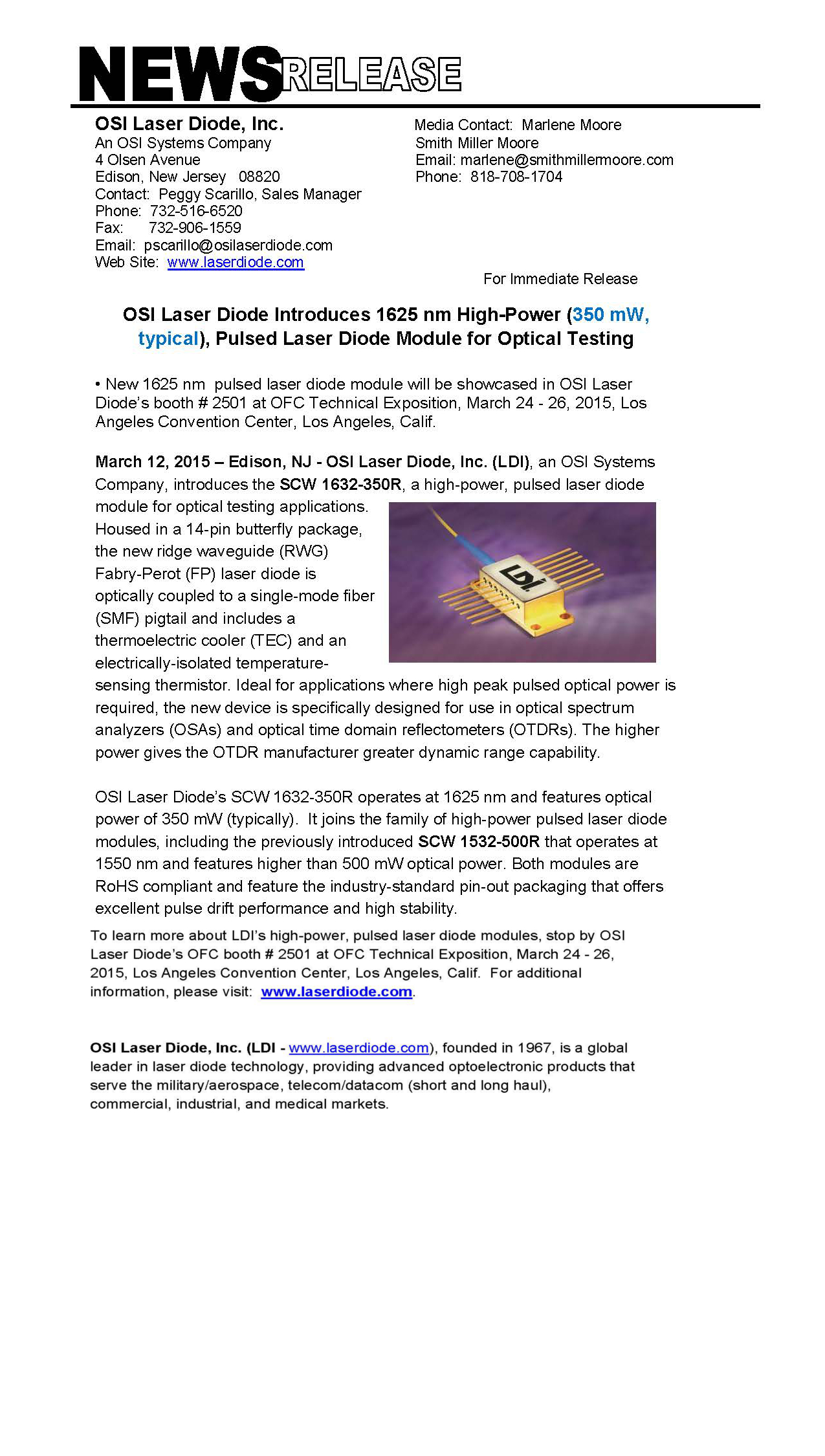OSI Laser Diode Introduces 1625 nm High-Power (350 mW, typical), Pulsed Laser Diode Module