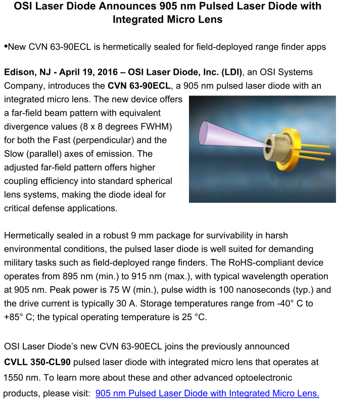 OSI LDI Announces 905nm Pulsed Laser Diode w/ Integrated Micro Lens