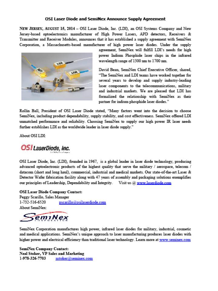 OSI Laser Diode and SemiNex Announce Supply Agreement